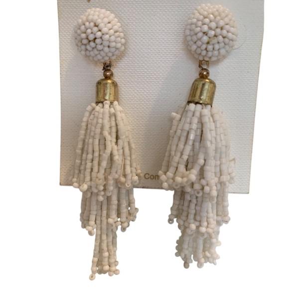 PANACEA Earrings Beaded Tassel I White I Metallic Gold Accents I Post Backings - Picture 6 of 11